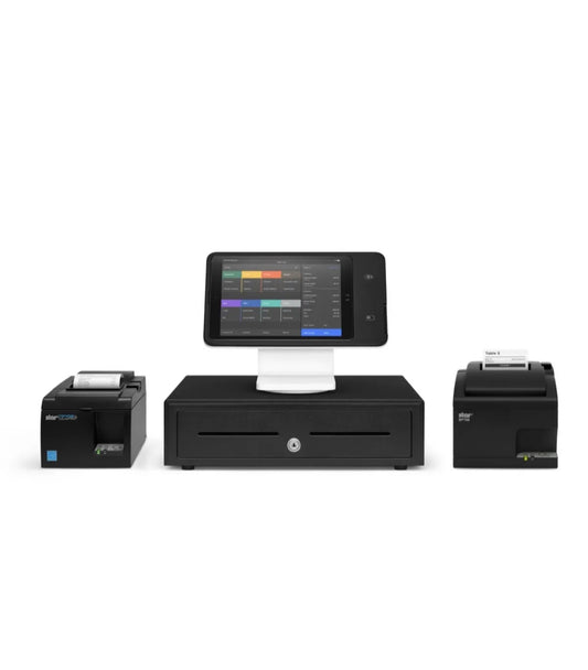 Restaurantstation mit quadratischem Stand, mit iPad, Schublade, Kassenbon und Küchendrucker
