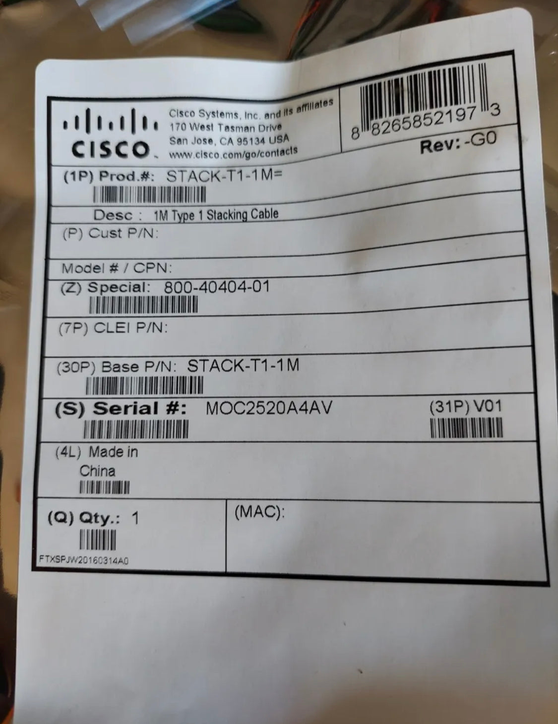 Cisco 800-40404-01 STACK-T1-1M Stacking-Kabel