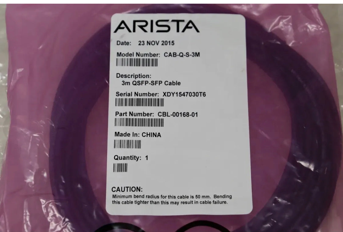 Arista CBL-00168-20 CAB-Q-S-3M  Copper Breakout Cable 10GbE QSFP+4xSFP New