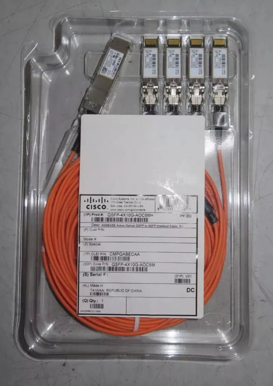 Cisco QSFP-4X10G-AOC5M 40GBase Active Optical QSFP to 4SFP Cable -  5M **NEW**