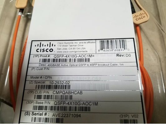 NEW GENUINE CISCO QSFP-4X10G-AOC1M - 40G AOC QSFP to 4SFP breakout 10-2932-02