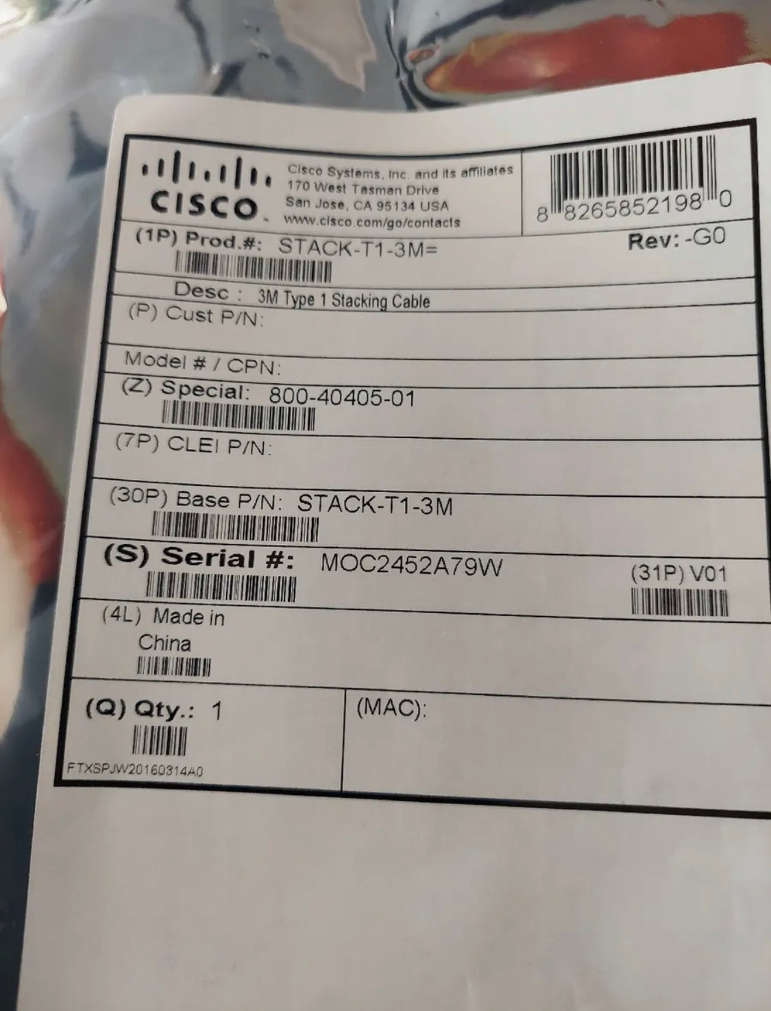 OEM Cisco Catalyst STACK-T1-3M 800-40405-01 Stacking Cables for 3850 series