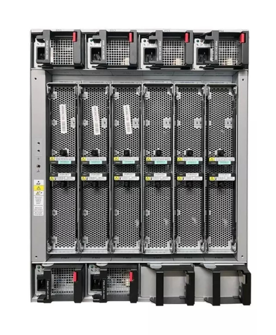 DCS-7508N 7500N Series 8 slot chassis with 6x 7508R-FM fabric cards and 6x PWR-3KT-AC-RED power supplies.