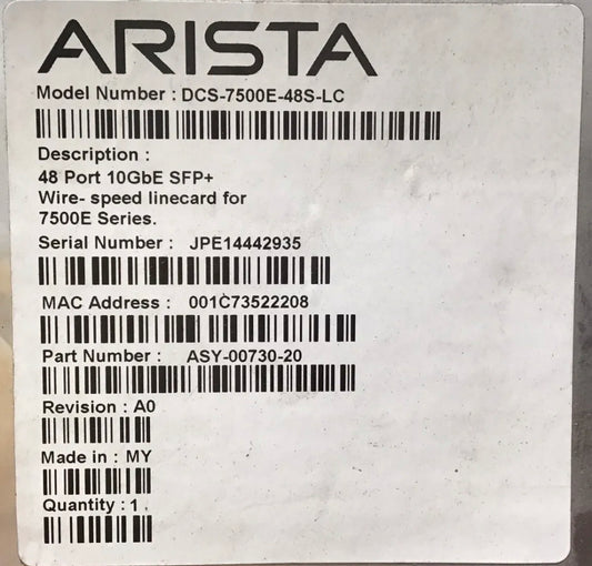 Arista DCS-7500E-48S-LC 48 port 1/10GbE SFP+ Wire-speed Line Card for 7500E