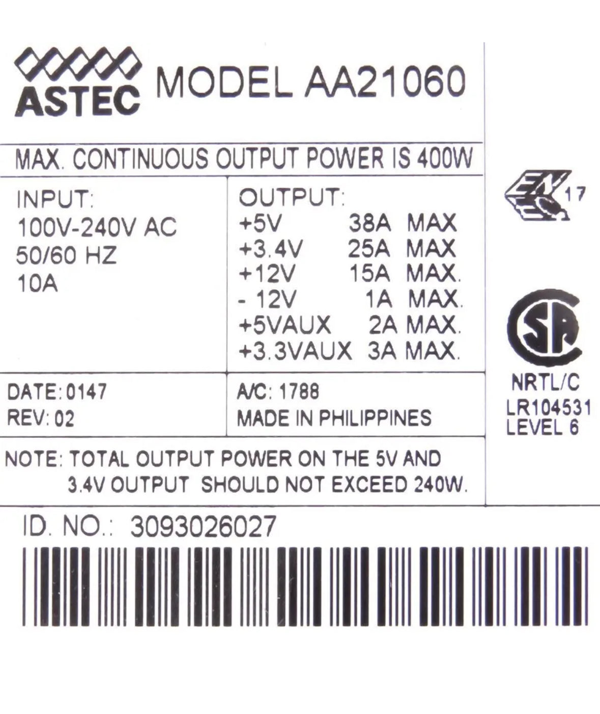 Server Power Supply ASTEC AA21060 400WATT Primergy H400 H200 Hot-Swap