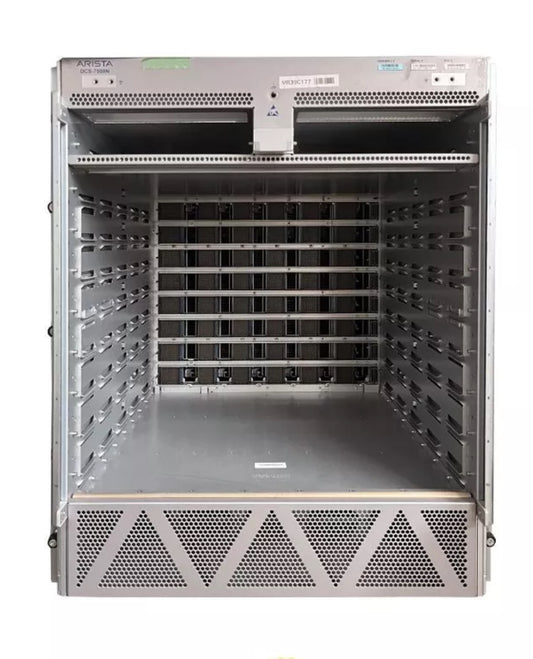 DCS-7508N 7500N Series 8 slot chassis with 6x 7508R-FM fabric cards and 6x PWR-3KT-AC-RED power supplies.