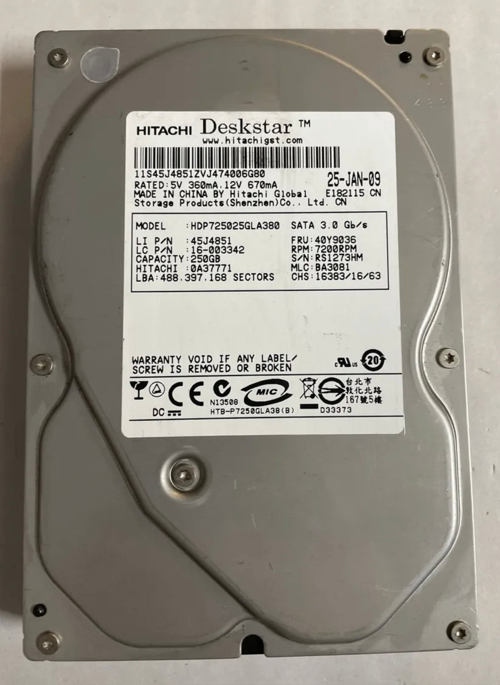 Hitachi 250GB 0A37771 7200RPM 3.5” SATA Hard Drive HDD