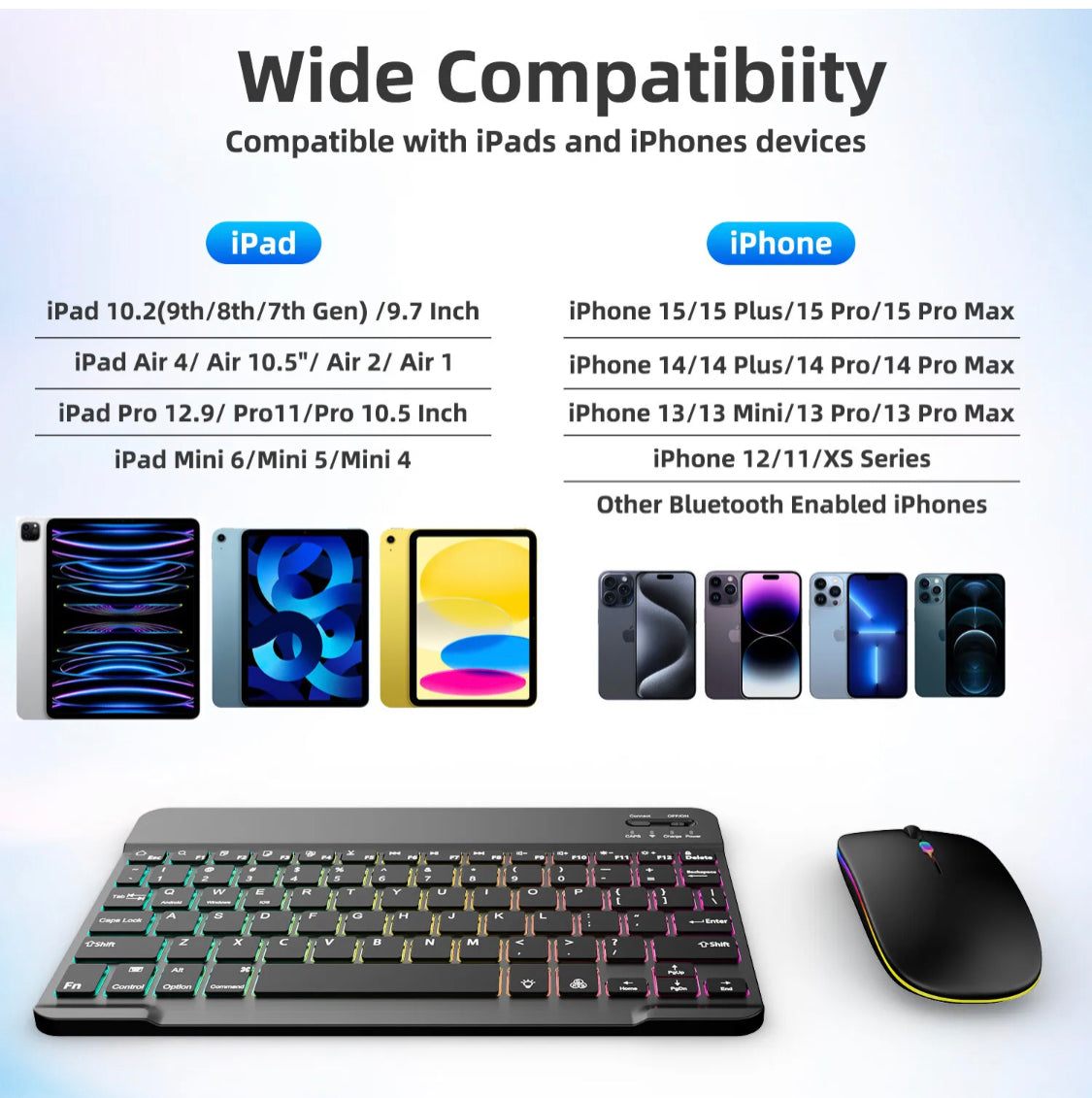 RGB Backlit Wireless Keyboard and Mouse Set For PC iOS Android Laptop Tablet