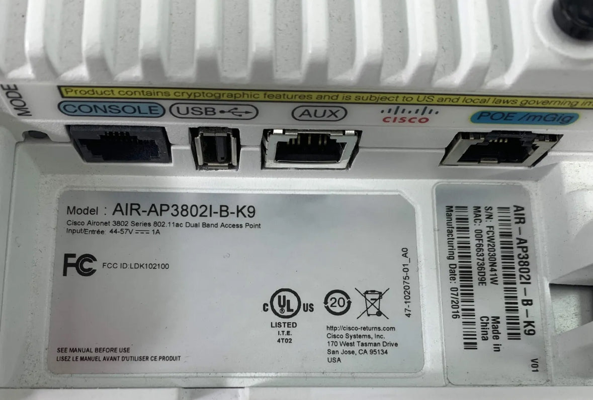 Cisco AIR-AP3802I-B-K9 Aironet 3802 Series Dual Band Wireless Access Point