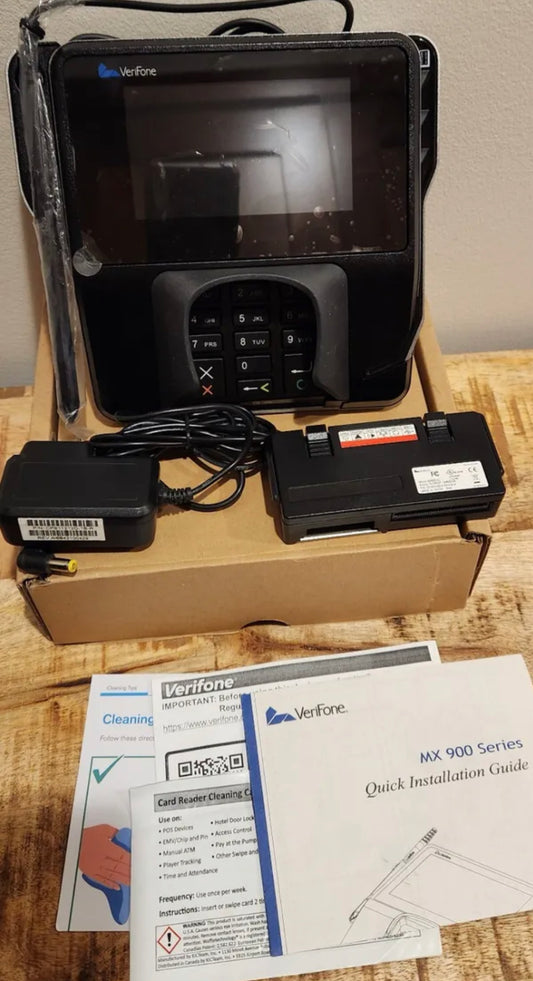 Verifone MX915 Credit Card Terminal & MX900-02 ethernet module w/ power supply